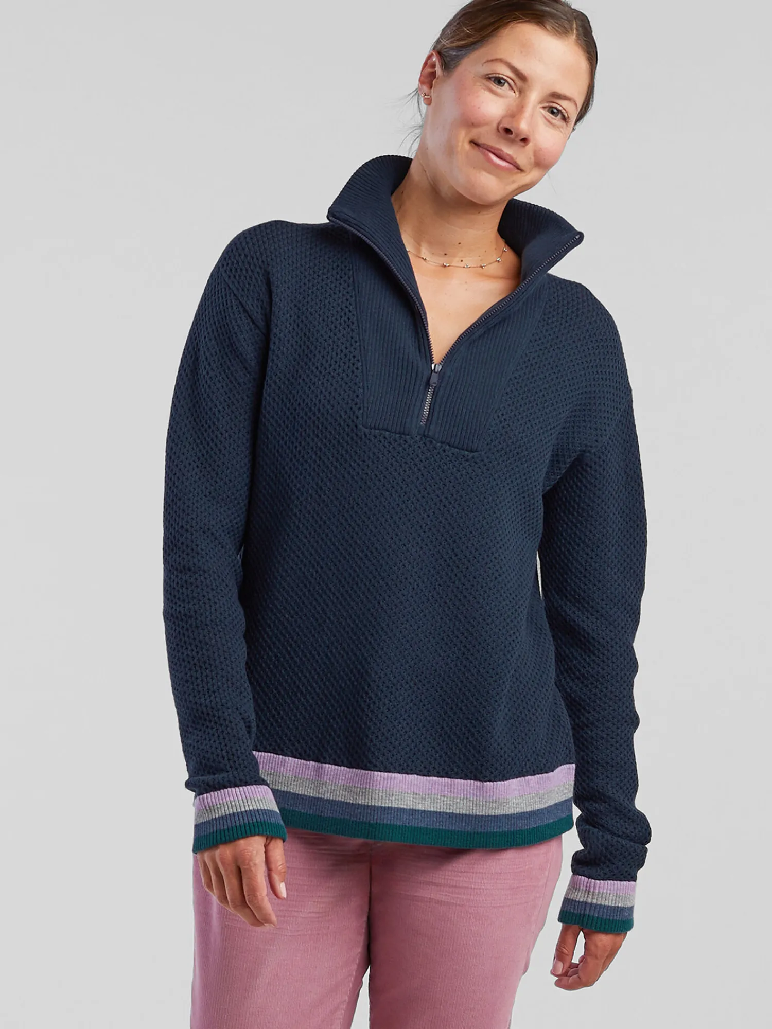 Women Title Nine Long Sleeve Tops>Woolicious Waffle 1/4 Zip Sweater - Stripe
