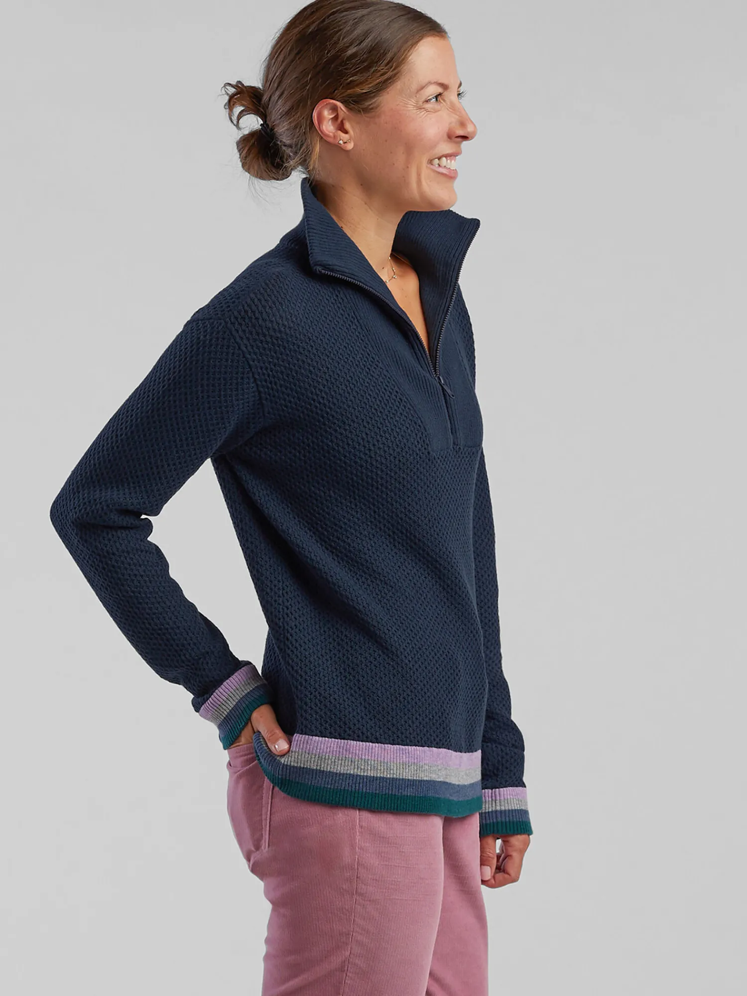 Women Title Nine Long Sleeve Tops>Woolicious Waffle 1/4 Zip Sweater - Stripe